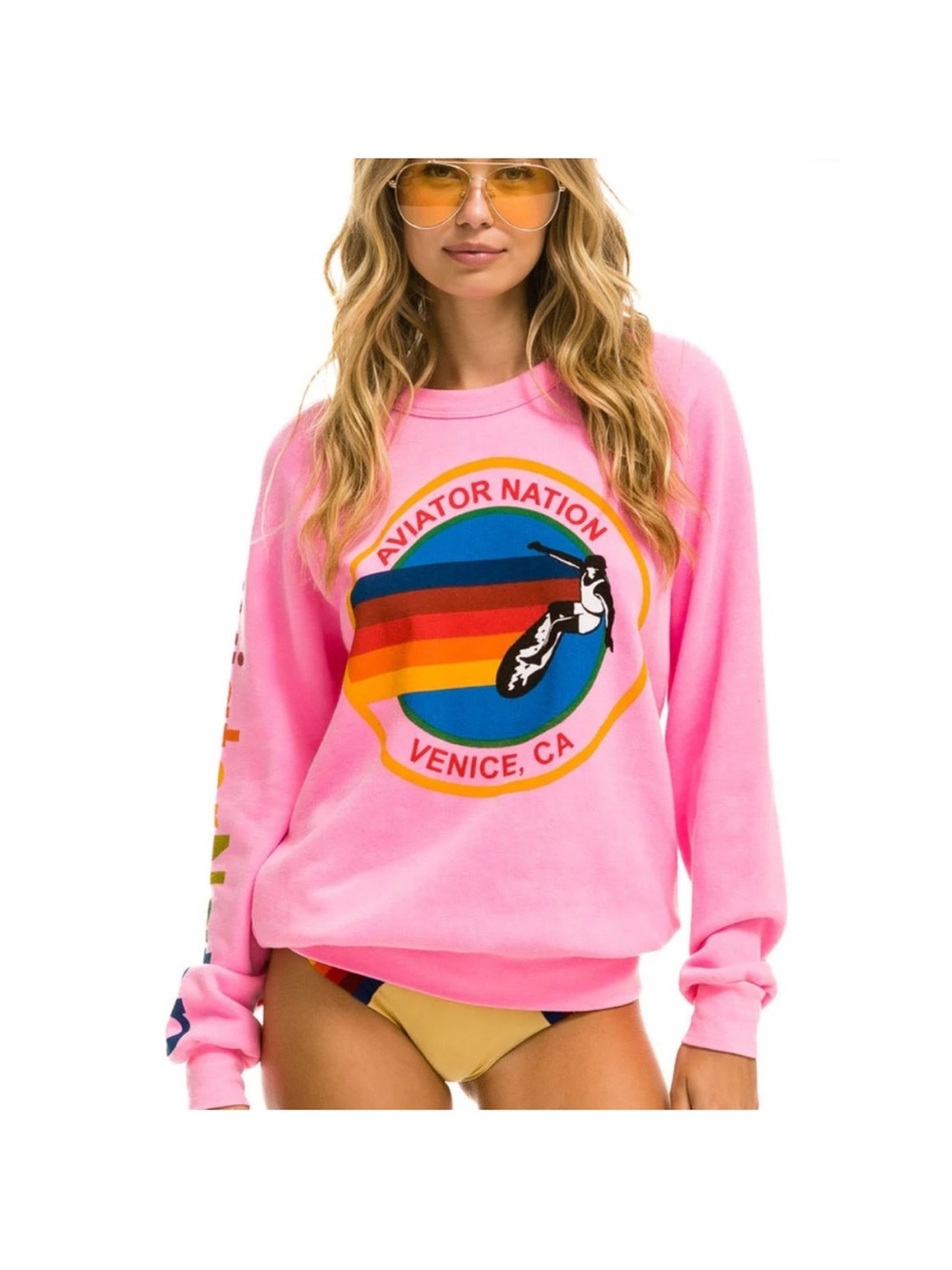 Aviator Nation Relaxed Venice Crew Sweatshirt - Neon Pink, Size Large